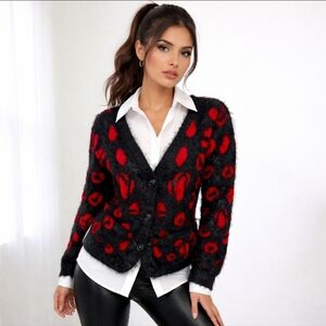 New Lumiere Cardigan Eyelash Soft Knit Black Red Abstract Leopard Print NWT Sz S